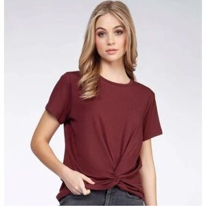 Dex Tie Front Short Sleeve Casual Burgundy Cotton/Modal T-Shirt
